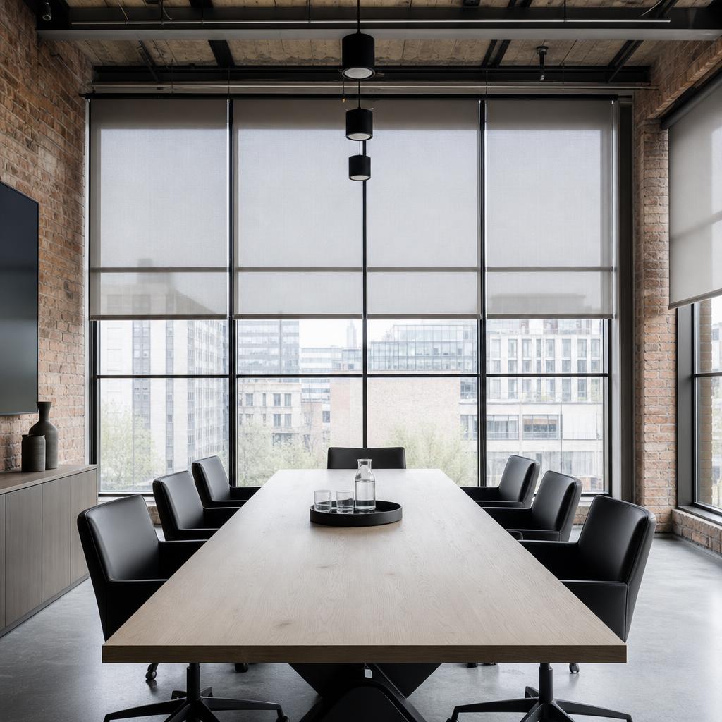 Illustrative interior: a meeting room with steel-framed windows and pale solar screen roller blinds softening bright daylight